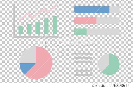Set illustration of a business data analysis screen displaying bar graphs and pie charts Set illustration of a business data analysis screen displaying bar graphs and pie charts 136298615