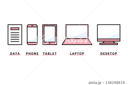 紙とスマホとタブレットとノートPCとデスクトップで表現した業務データ管理の全体像のイラスト 136298619