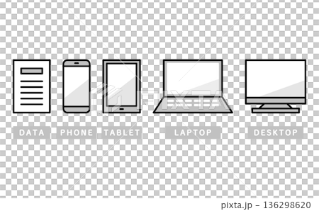 複数デバイスで共有される業務情報の構成要素を示したシンプルなアイコンセットのイラスト 136298620
