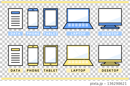 Illustration of a two-color variation set of business data displays made up of paper and various devices 136298621