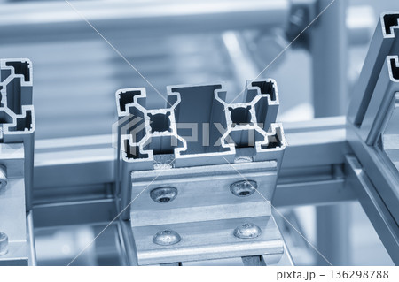 Aluminum Profile Extrusion Parts Assembly in Light Blue Industrial Manufacturing Scene 136298788