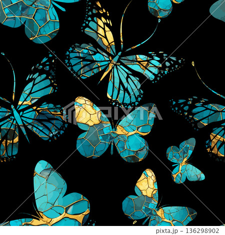 A set of beautiful blue and gold butterflies Seamless pattern . Hand drawn. Not AI, vector illustration. A set of beautiful blue and gold butterflies Seamless pattern . Hand drawn. Not AI, vector illustration. 136298902