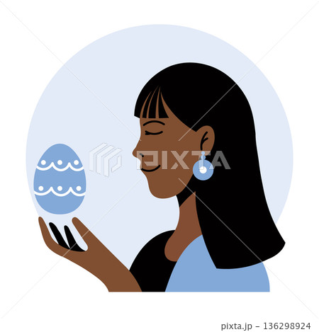Woman holding a decorated Easter egg, celebrating the spring holiday. Illustration. Woman holding a decorated Easter egg, celebrating the spring holiday. Illustration. 136298924