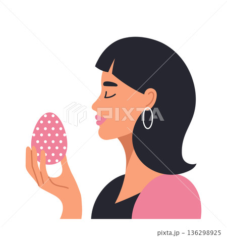 Woman holding a decorated Easter egg, celebrating the spring holiday. Illustration. 136298925