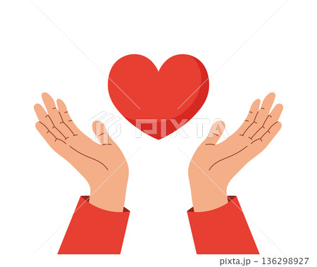 Hands Gently Holding a Red Heart Symbolizing Love and Care. Illustration. 136298927