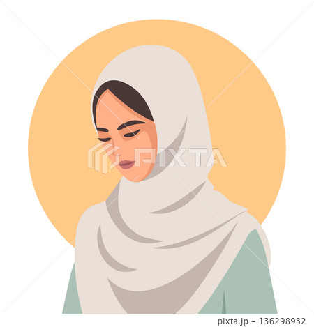 Beautiful Muslim Woman Portrait in a White Hijab. Illustration in pastel colors. Beautiful Muslim Woman Portrait in a White Hijab. Illustration in pastel colors. 136298932
