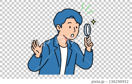 插圖：一個人正在用放大鏡發現和檢查。圖像：調查和確認。 136298952