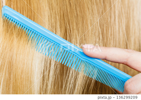 Close up of blue comb in blonde hair. 136299209