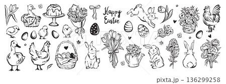 Spring Easter doodle set, hand drawn holiday cute bunny illustration seasonal whimsical flower print Spring Easter doodle set, hand drawn holiday cute bunny illustration seasonal whimsical flower print 136299258