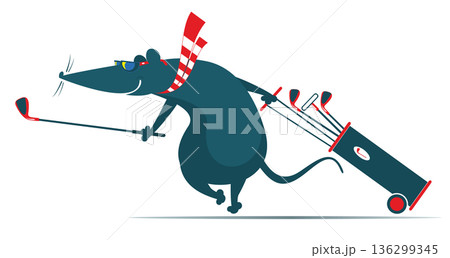 Funny mouse or rat going to play golf. Cartoon rat or mouse with golf club and bag 136299345