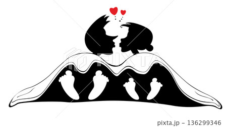 Young man and woman kissing, laying in the bed.  All you need is love. Love couple rendezvous. Black and white illustration 136299346