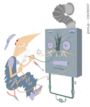 Electrician was electrocuted. Electrician trembles from electric shock. Cartoon electrician repairs wires on control panel and gets electric shock. Electrician is injured by electric shock while repai Electrician was electrocuted. Electrician trembles from electric shock. Cartoon electrician repairs wires on control panel and gets electric shock. Electrician is injured by electric shock while repai 136299347