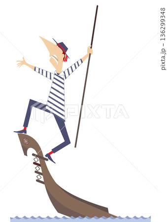 Panic gondolier on the sinking gondola. Cartoon gondolier on the sinking gondola asks for help. Isolated on white background 136299348