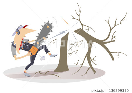 Chainsaw worker cuts wood with chainsaw. Funny worker in protection headphones with chainsaw cuts a tree Chainsaw worker cuts wood with chainsaw. Funny worker in protection headphones with chainsaw cuts a tree 136299350