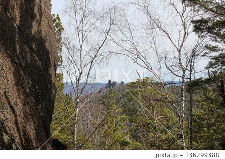 Rocky cliff side with birch trees and distant rock formations in a dense forest landscape. Nature scenery for outdoor adventure travel. Rocky cliff side with birch trees and distant rock formations in a dense forest landscape. Nature scenery for outdoor adventure travel. 136299388