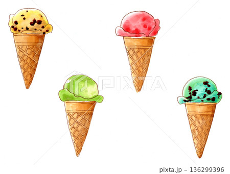 美味しそうな手描きのアイスクリーム4点 136299396