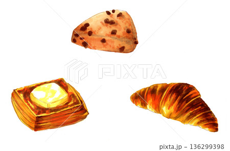 美味しそうな手描きのパン3個 136299398