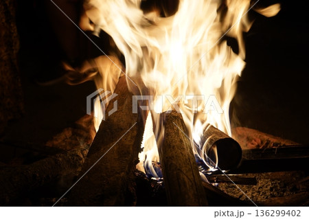Close up View of Burning Wood Logs in Outdoor Bonfire with Vibrant Yellow and Orange Flames 136299402