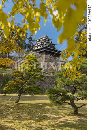 日本 島根県松江市殿町にある現存天守で国宝の松江城の天守閣と紅葉した木々 日本 島根県松江市殿町にある現存天守で国宝の松江城の天守閣と紅葉した木々 136299445