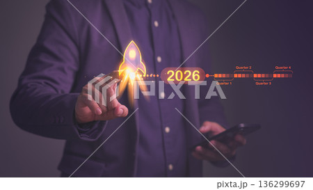 Person touch virtual rocket. Business planning quarterly timeline in 2026 with digital chart, representing project management, corporate goals, and financial planning for effective business growth. Person touch virtual rocket. Business planning quarterly timeline in 2026 with digital chart, representing project management, corporate goals, and financial planning for effective business growth. 136299697