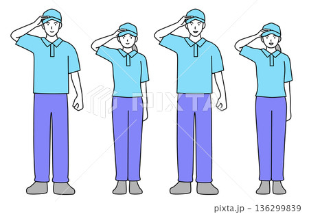 笑顔でさわやかに挨拶をする作業員の男女のシンプルな線画ベクターイラストセット・全身 136299839