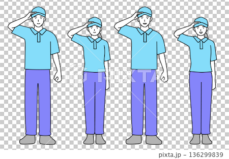 一組簡單的線條畫向量插圖，描繪了男女工人微笑地互相問候，全身像。 136299839