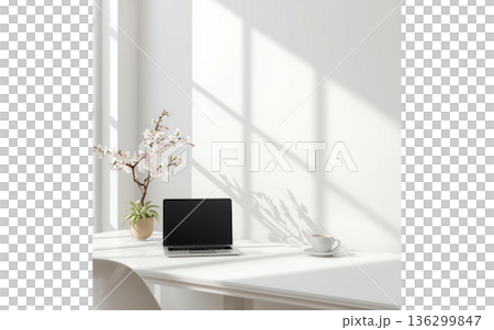 春の訪れを感じる清潔感のある白いデスク環境・テレワークや新生活のイメージ 春の訪れを感じる清潔感のある白いデスク環境・テレワークや新生活のイメージ 136299847
