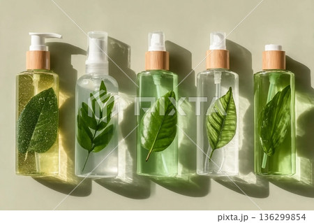 Transparent Cosmetic bottles with green leaf for skin care. Beauty products mockup face lotion, facial cleanser, toner, natural organic cosmetics, minimal trend top view, summer sunlight, shine shadow Transparent Cosmetic bottles with green leaf for skin care. Beauty products mockup face lotion, facial cleanser, toner, natural organic cosmetics, minimal trend top view, summer sunlight, shine shadow 136299854
