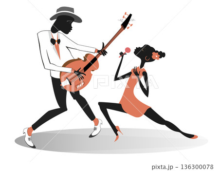 Two African musicians. Guitarist man and singer woman. African man plays guitar and African singer woman sings to microphone. Isolated on white background Two African musicians. Guitarist man and singer woman. African man plays guitar and African singer woman sings to microphone. Isolated on white background 136300078