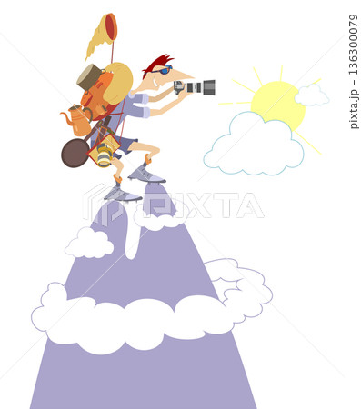 Traveler man climbing the mountains. High mountains. Traveler man in the mountains makes photo of the landscape Traveler man climbing the mountains. High mountains. Traveler man in the mountains makes photo of the landscape 136300079