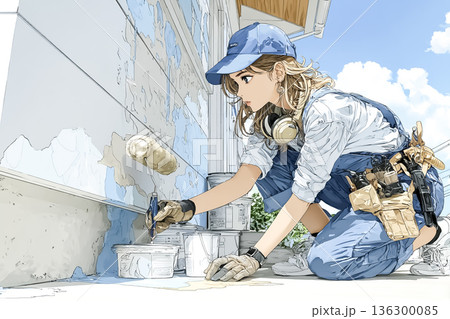 住宅の外壁塗装を行う女性作業員｜リフォーム・建設現場で働く女性 136300085