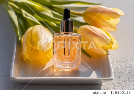 facial serum with vitamin C or organic oil in cosmetic dropper bottle on white tray with tulips in the sun. view. additional care. Natural cosmetics facial serum with vitamin C or organic oil in cosmetic dropper bottle on white tray with tulips in the sun. view. additional care. Natural cosmetics 136300118