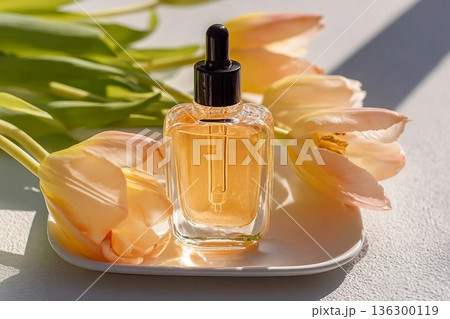 facial serum with vitamin C or organic oil in cosmetic dropper bottle on white tray with tulips in the sun. view. additional care. Natural cosmetics facial serum with vitamin C or organic oil in cosmetic dropper bottle on white tray with tulips in the sun. view. additional care. Natural cosmetics 136300119