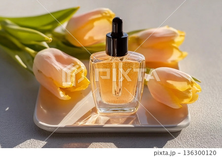 facial serum with vitamin C or organic oil in cosmetic dropper bottle on white tray with tulips in the sun. view. additional care. Natural cosmetics facial serum with vitamin C or organic oil in cosmetic dropper bottle on white tray with tulips in the sun. view. additional care. Natural cosmetics 136300120