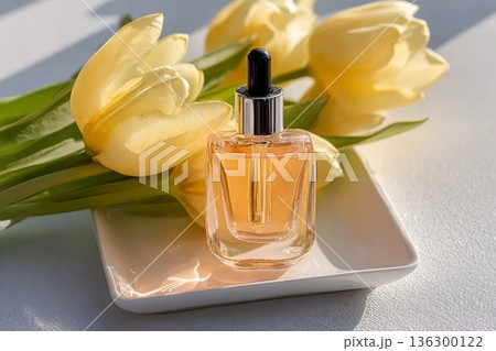 facial serum with vitamin C or organic oil in cosmetic dropper bottle on white tray with tulips in the sun. view. additional care. Natural cosmetics facial serum with vitamin C or organic oil in cosmetic dropper bottle on white tray with tulips in the sun. view. additional care. Natural cosmetics 136300122