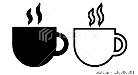 Cup of coffee and tea icon. Black or white silhouette cup isolated on white background. linear illustration, logo for coffee shop, hand drawn artwork 136300301
