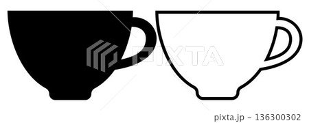 Cup of coffee and tea icon. Black or white silhouette cup isolated on white background. linear illustration, logo for coffee shop, hand drawn artwork 136300302