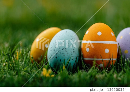 Happy Easter. Easter eggs on grass on a sunny spring day - Easter decoration, banner, panorama, background with copy space for text. Happy Easter. Easter eggs on grass on a sunny spring day - Easter decoration, banner, panorama, background with copy space for text. 136300334
