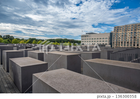 Berlin, germany, august 12, 2023. Memorial to the murdered jews of europe in berlin: geometric field of concrete stelae forming a solemn, contemplative urban maze 136300358