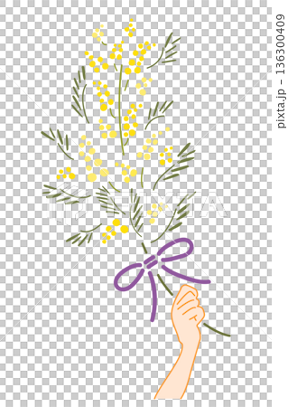 パープルリボンのミモザを持った手のイラスト パープルリボンのミモザを持った手のイラスト 136300409