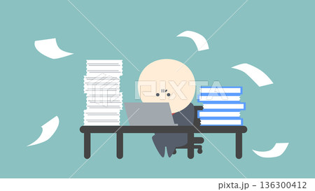 ビジネスイメージイラスト_書類の山に囲まれて必死に作業するビジネスマン 136300412