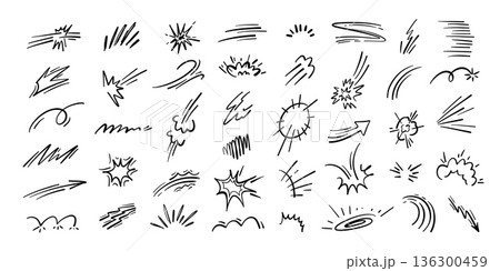 Motion doodle. Energy bursts and speed line trails for comic action, anime impact effect and cartoon dynamic movement or power. Hand drawn bomb explosion, shine accent isolated vector set Motion doodle. Energy bursts and speed line trails for comic action, anime impact effect and cartoon dynamic movement or power. Hand drawn bomb explosion, shine accent isolated vector set 136300459