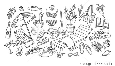 Beach summer, dolce vita doodle. Sunbed, seafood and cocktail, fruits and ice cream, book and swimsuit, candle and beach umbrella for seaside resort, vacation textile, tropical lounge vector set 136300514