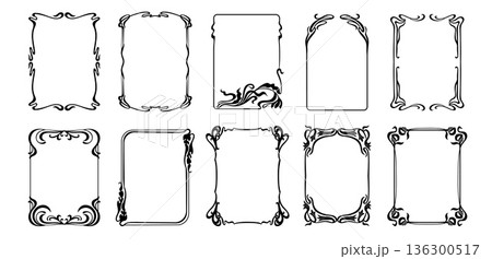 Art nouveau frames. Floral border and ornate filigree for vintage ornate certificate, classic elegant header, retro jugendstil wedding invitation card, victorian luxury menu. Isolated vector set 136300517