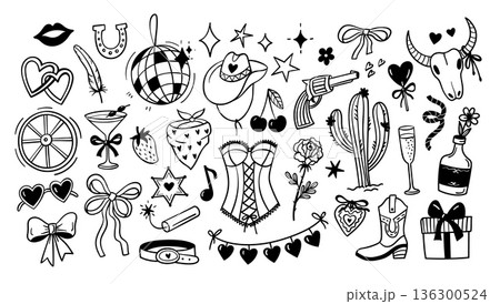 Cowgirl doodle. Western hat, rodeo lassos and disco ball, gun and cocktail, bull skull and cactus, rose and bow, corset for girls bachelorette party. Rodeo whimsical vector coquettish girly set 136300524