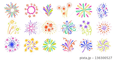 Fireworks burst doodle set. Sparkler stars and colorful explosions for celebration event, festive invitation card and party decoration. Hand drawn bright pyrotechnic, confetti vector clipart isolated Fireworks burst doodle set. Sparkler stars and colorful explosions for celebration event, festive invitation card and party decoration. Hand drawn bright pyrotechnic, confetti vector clipart isolated 136300527