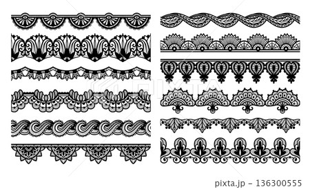 Lace seamless border set with cutwork trim and guipure swirls for vintage invitation, wedding card divider and textile craft or laser cut fabric. Decorative pattern for henna flourishes vector set Lace seamless border set with cutwork trim and guipure swirls for vintage invitation, wedding card divider and textile craft or laser cut fabric. Decorative pattern for henna flourishes vector set 136300555