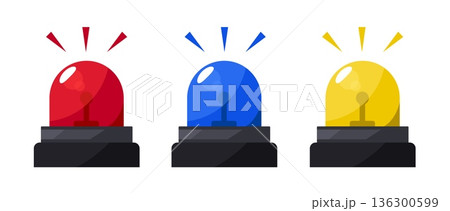 Emergency siren icons with blue, red, and yellow beacons. Alarm lights and hazard warning emoji. Glossy flashing police, ambulance signal lamp, blink flasher for urgent evacuation alert vector set 136300599