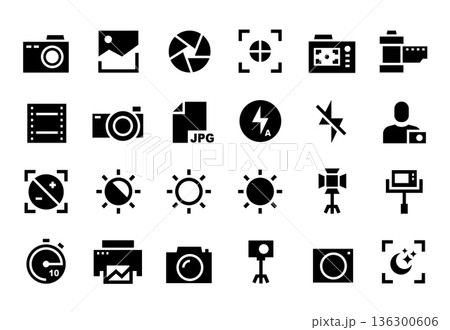 Camera icons. Photo focus, auto exposure and flash, selfie. Stick, tripod and studio light lamp, timer and printer. Black silhouette camera photography ui pictograms. Vector isolated set 136300606
