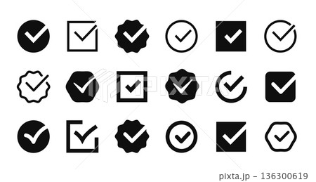 Tick icon set. Checkmarks, approve symbol for survey validation, app notification UI, feedback control or confirm status indicator. Black glyphs for approval checklist interface button vector set 136300619